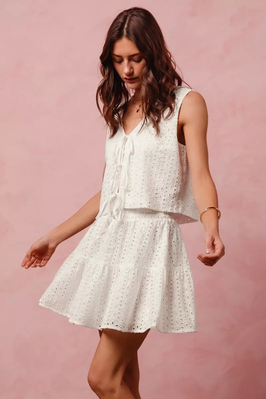 Floral Eyelet Lace Tie Front Vest Top and Tiered Mini Skirt Set 1a377d60be4447e2bb47d201bdd93b76-Max-Origin