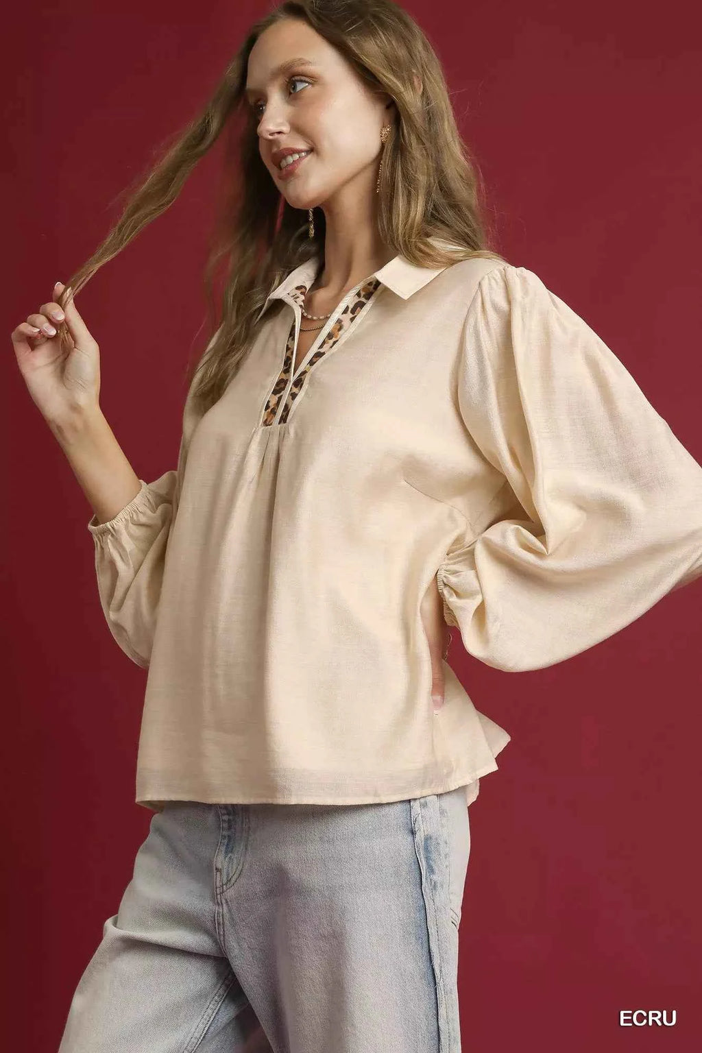Umgee Long Sleeve Blouse with Leopard Print Trim 1a37945a-1a80-4625-bf80-6973214ea948-Max-Origin