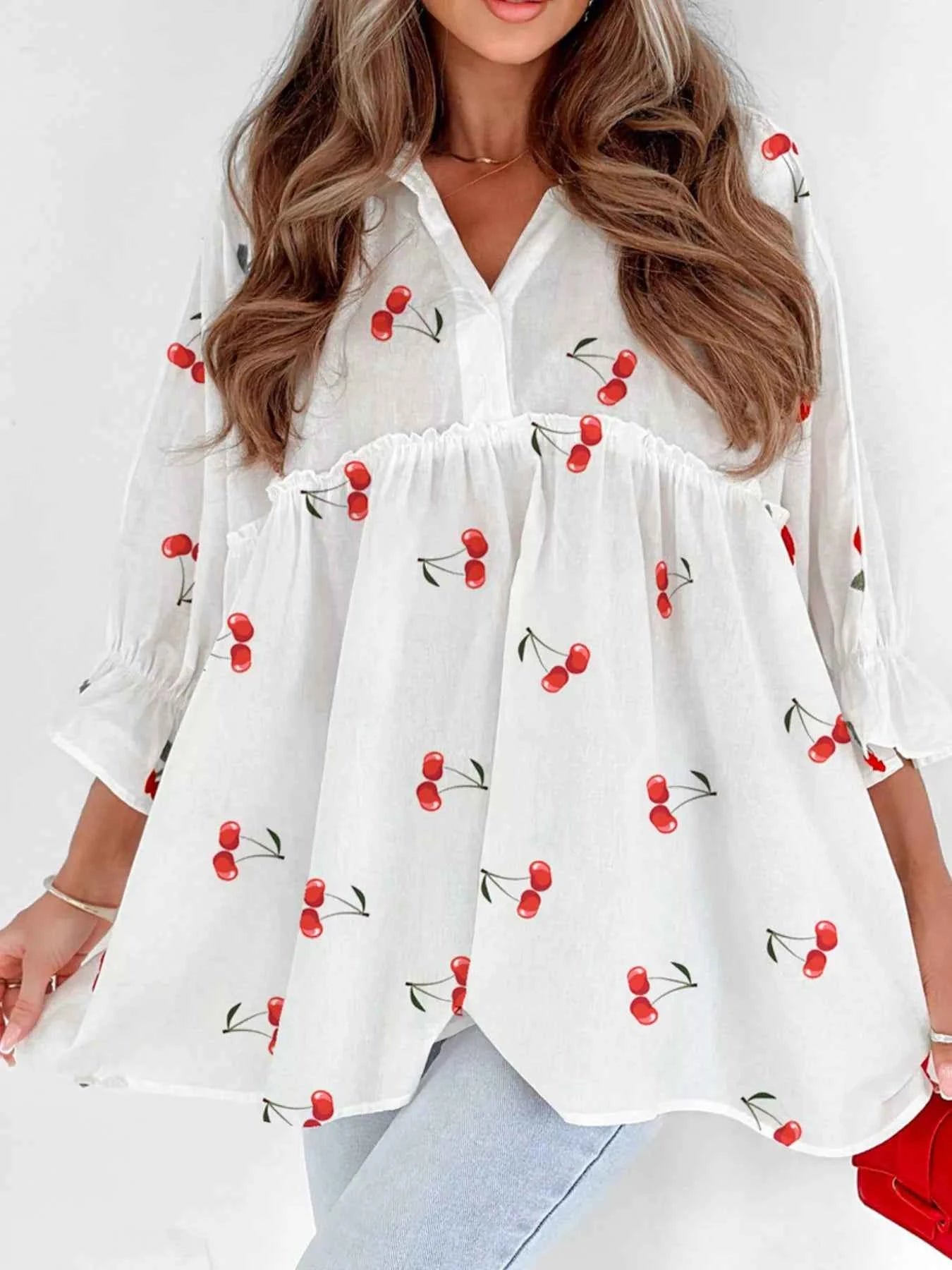 Cherry Print Flounce Sleeve Collared Frilled Babydoll Blouse White 1a3aaaa5-1402-49ac-bb22-e714ede695a6-Max-Origin