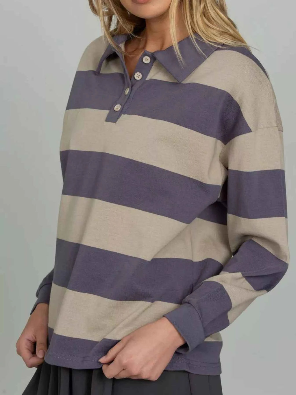 Striped Polo Collar Sweatshirt with Button Details 1a4894b9-f220-4727-8a14-485ccfb11bc8-Max-Origin