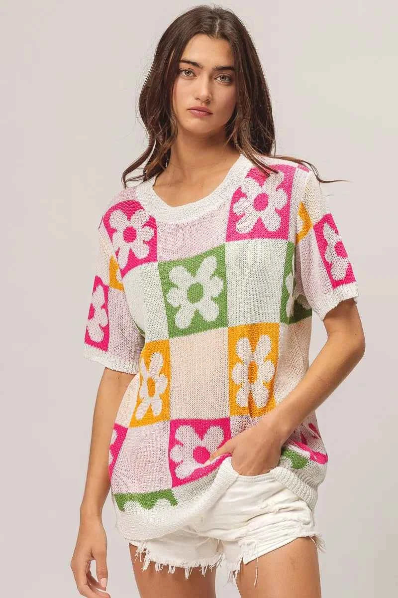 BiBi Flower Checker Pattern Lightweight Sweater Top 1a4eb346e516473894859d4f2131aaa5-Max-Origin