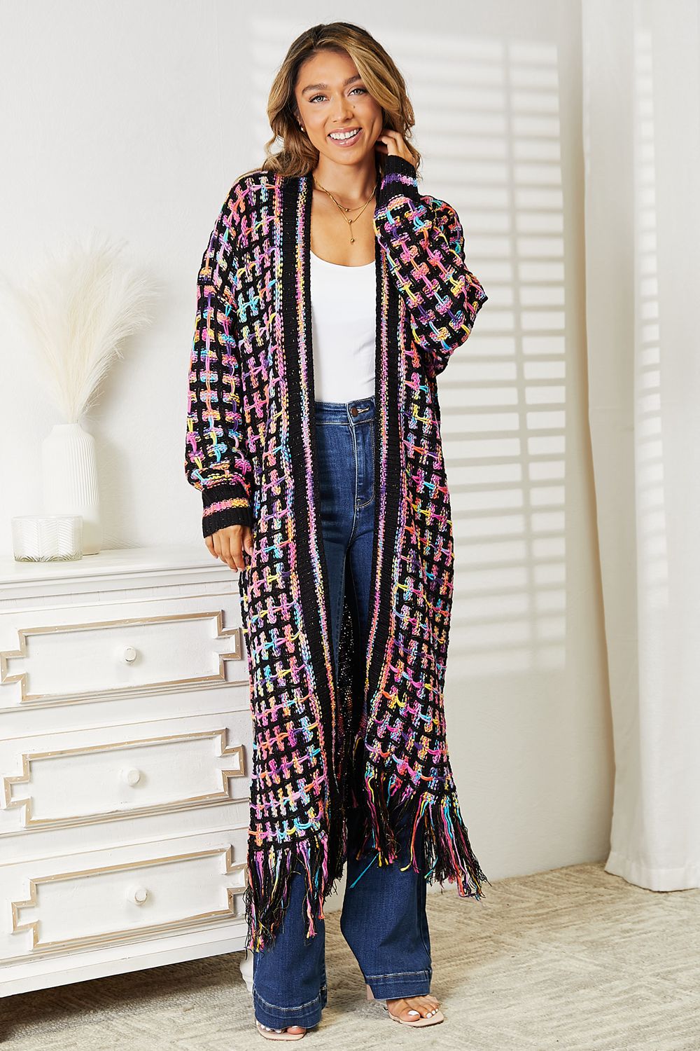 Angel Wings Full Size Multicolored Open Front Fringe Hem Cardigan 1a4f58ec54094ac3bae1cffea06464d9-Max