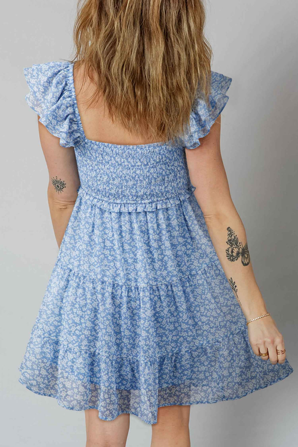 Sky Blue Floral Print Square Neck Flutter Sleeve Smocked Tiered Mini Dress 1a52a93942641724