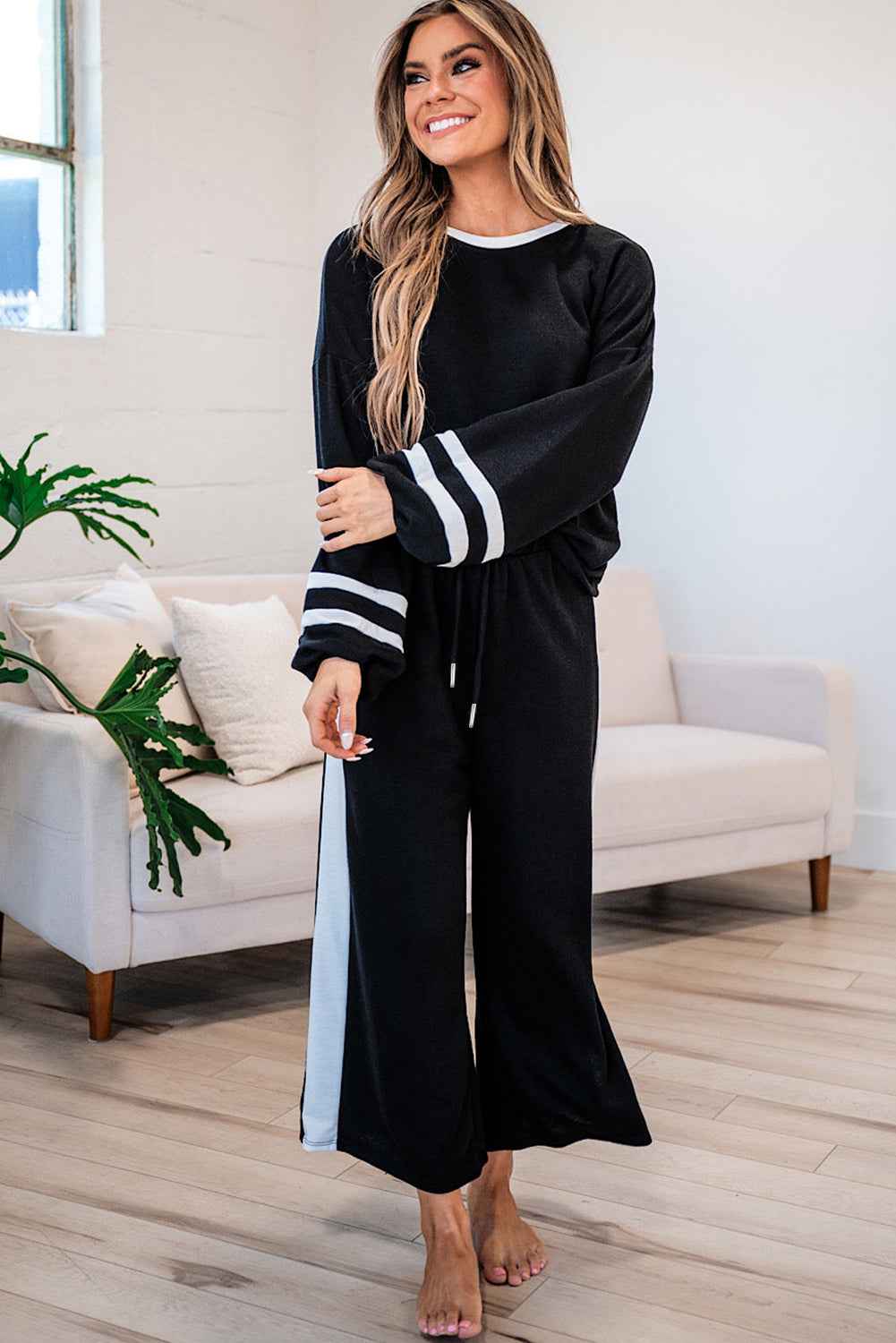 Mineral Red Varsity Stripe Patchwork Puff Sleeve Pullover Drawstring Wide Leg Pant Set 1a544fa81cd08b60