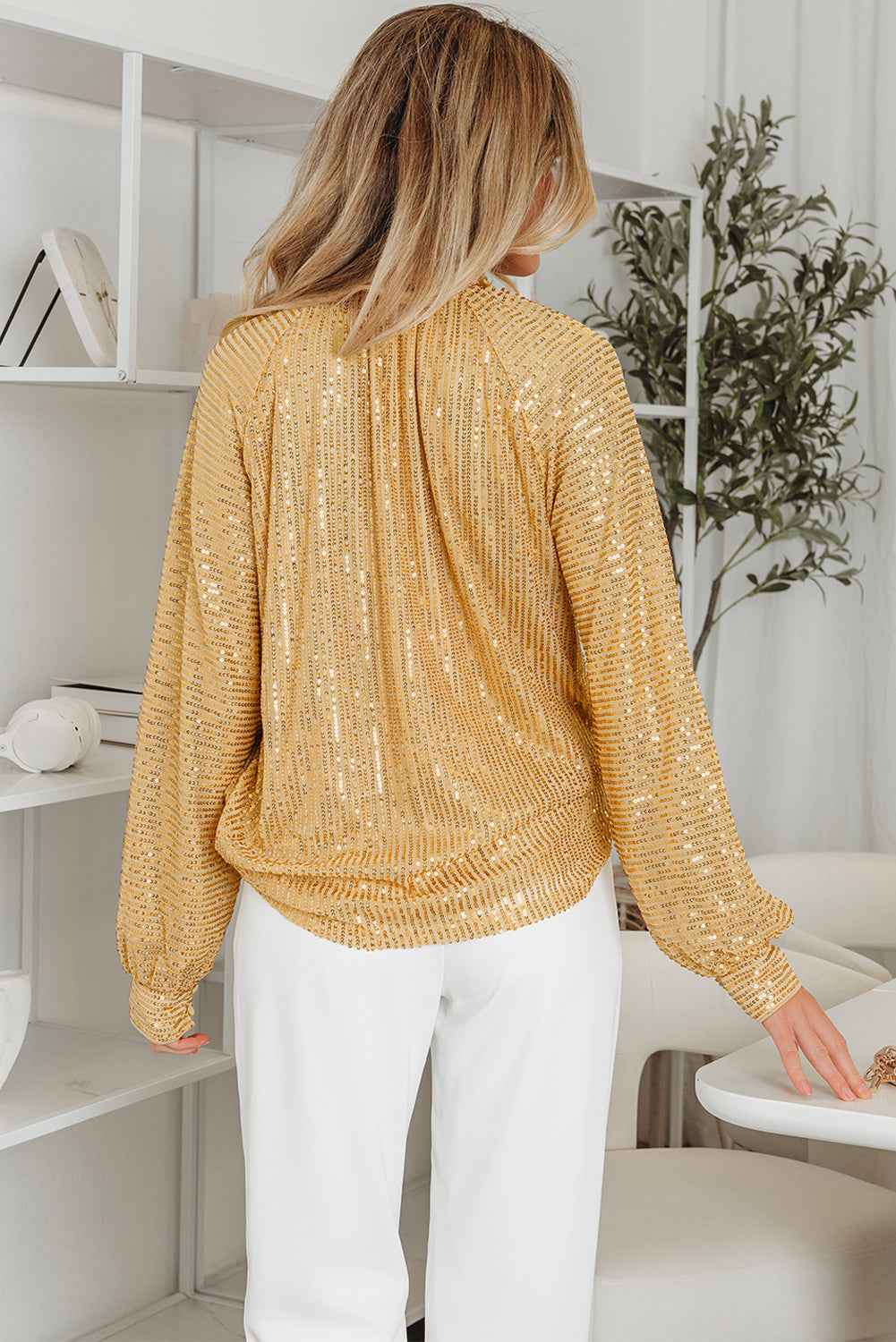 Gold Metallic Balloon Sleeve Buttoned High Neck Loose Blouse 1a580b2234fe67e0