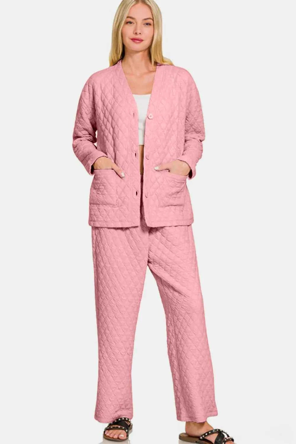 Zenana Quilted Button Up Long Sleeve Top and Pants Lounge Set 1a5954eb-c7e2-4100-a835-8c3def4d9a76-Max