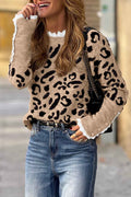 Brown Leopard Pattern Lace Trim Ribbed Detail Button Cuffed Sweater Brown 62%Acrylic+30%Polyester+8%Polyamide 1a5dd94e45879e49