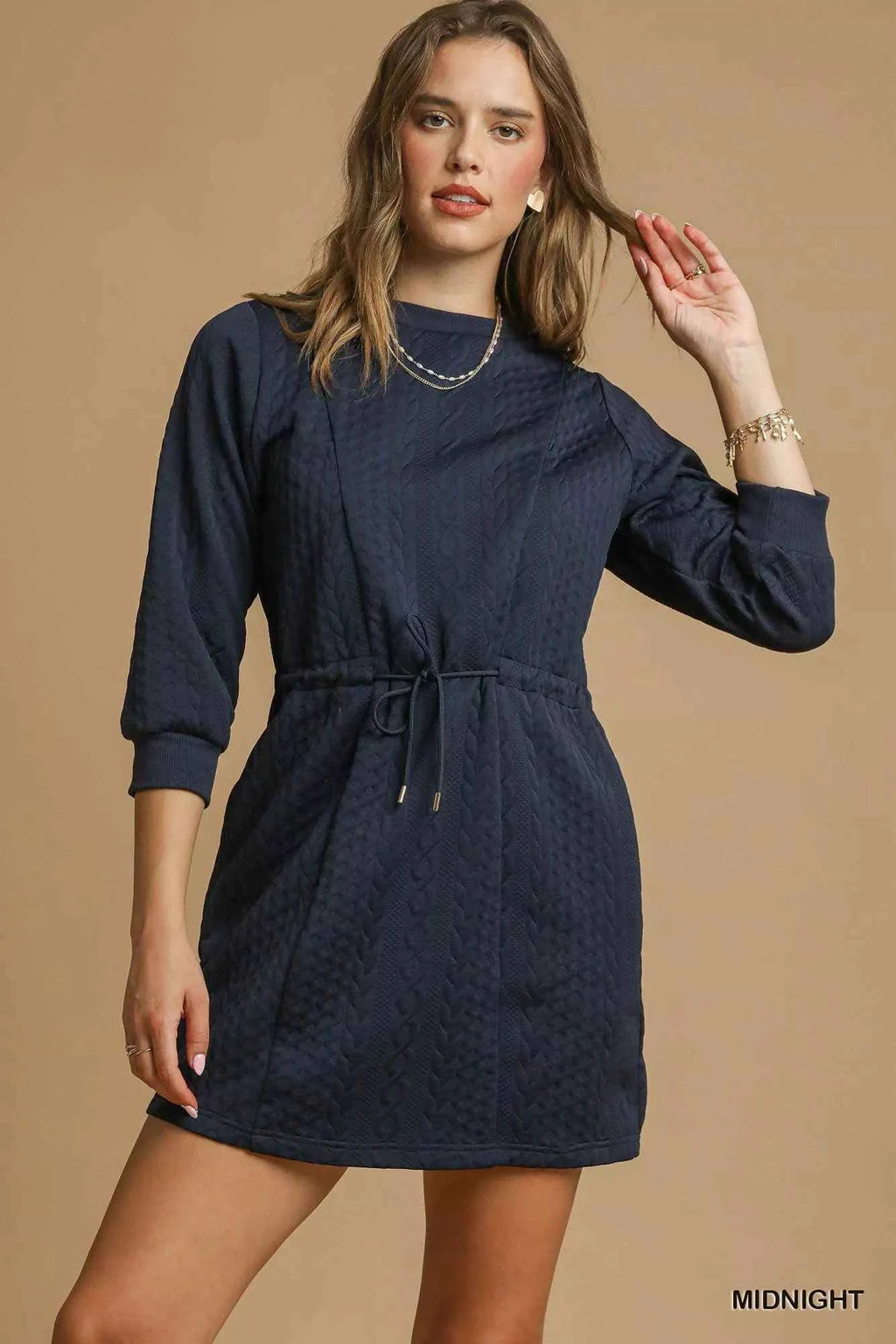 Umgee Drawstring Cable Knit Mini Dress with Pockets MIDNIGHT 1a61e10a-6041-44e3-a40f-4a571e967a2a-Max-Origin