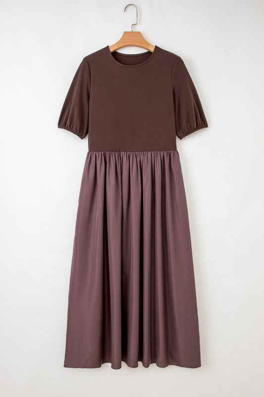 Patchwork Knit Short Sleeve Pleated Maxi Dress Coffee 1a64a2ef-d515-4bd5-84e8-bc92c23ccac6