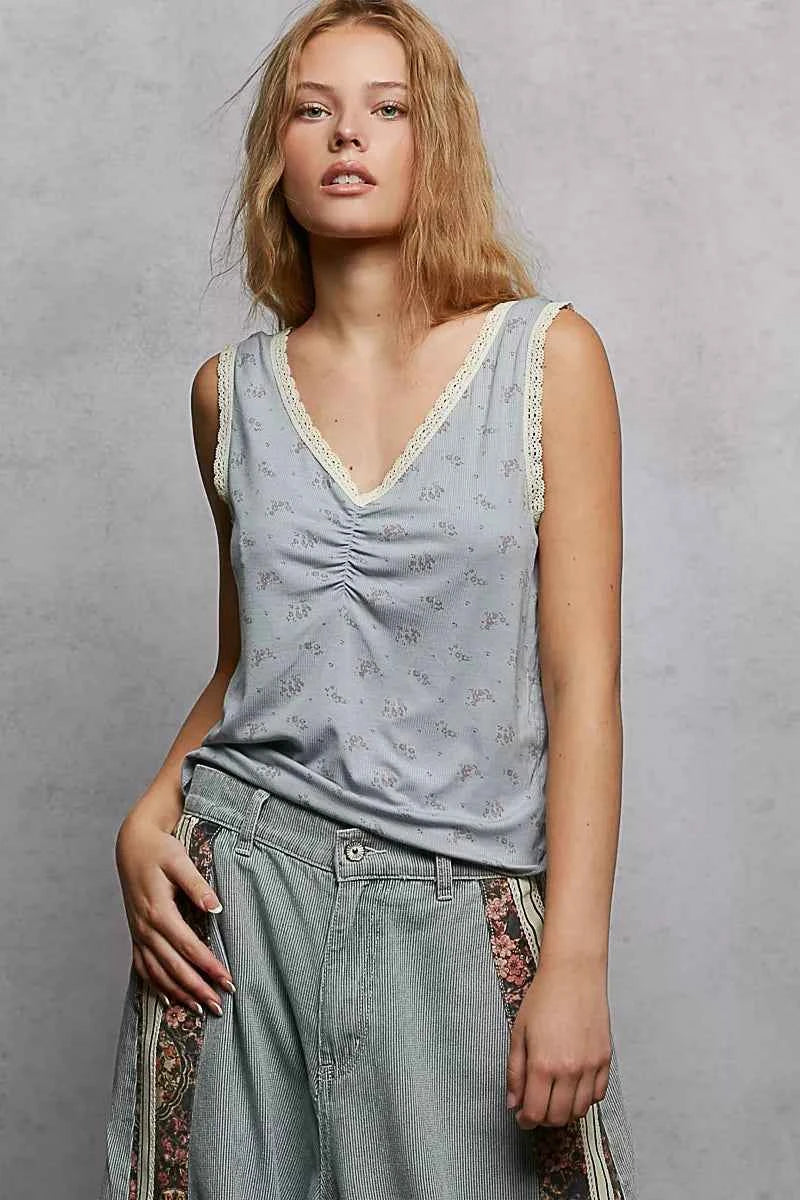 POL Ruched Floral V-Neck Tank with Lace Detail 1a6ca9a3-37b1-46a7-ba7b-f6c0a2535356-Max-Origin