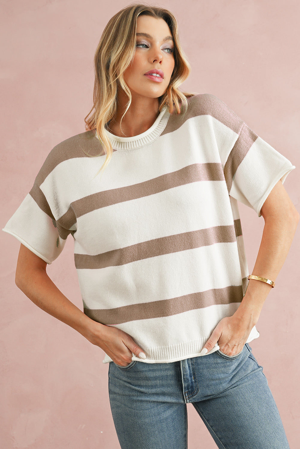 Khaki Striped Drop Shoulder Knitted Top 1a6e4ccefcddde87