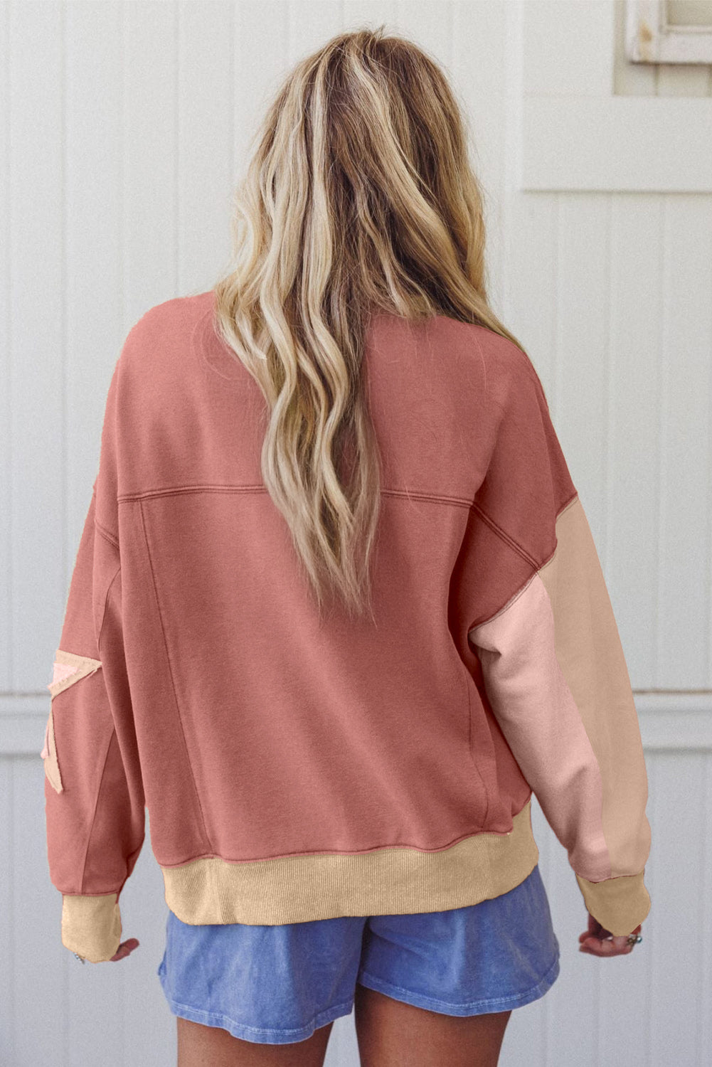 Rose Pink Star Patchwork Exposed Seam Uneven Hem Sweatshirt 1a758385c94f1f7b