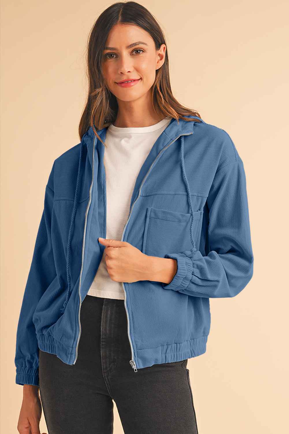 Real Teal Corduroy Drawstring Hooded Pocket Zip Up Jacket 1a7618c9d738cd16