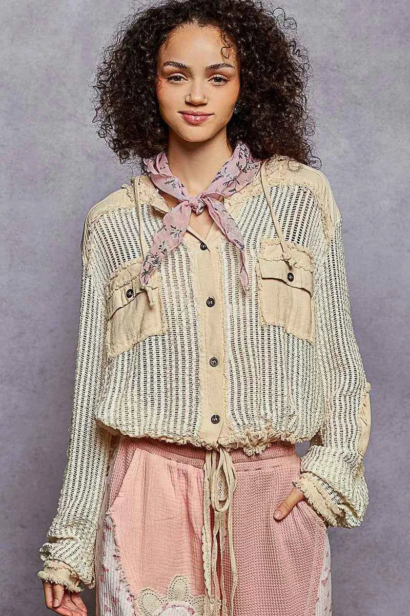 POL Texture Woven Button Down Hooded Shirt with Drawstring Hem 1a761ced-70e5-48a5-b07e-b96966f262b1-Max-Origin