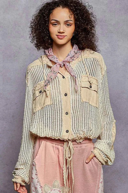 Texture Woven Button Down Hooded Shirt with Drawstring Hem 1a761ced-70e5-48a5-b07e-b96966f262b1-Max-Origin