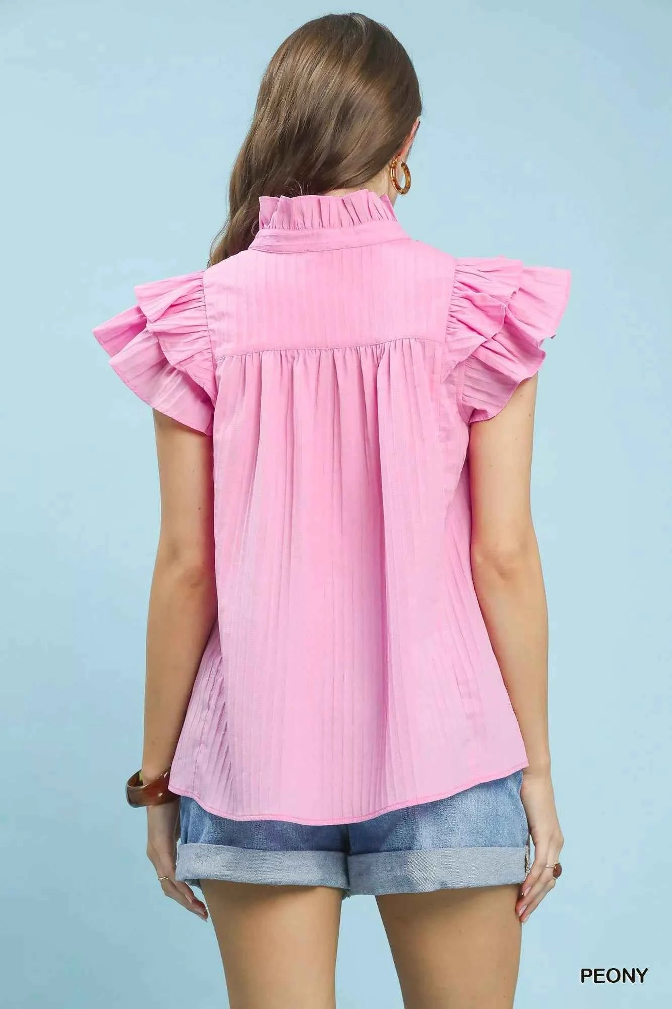 Umgee Ruffle Sleeve Textured Babydoll Blouse 1a781957-d671-4341-aa4f-469910443a1d-Max-Origin