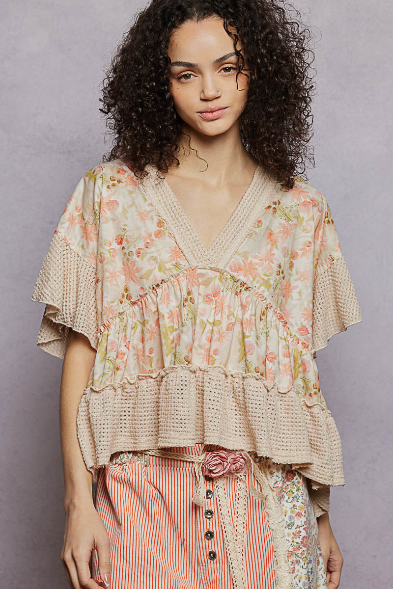 POL Floral Print V-Neck Woven Blouse with Gentle Gathers ALMOND 1a7b850d-5af2-4ef4-8af1-e5ff0a0bac23-Max
