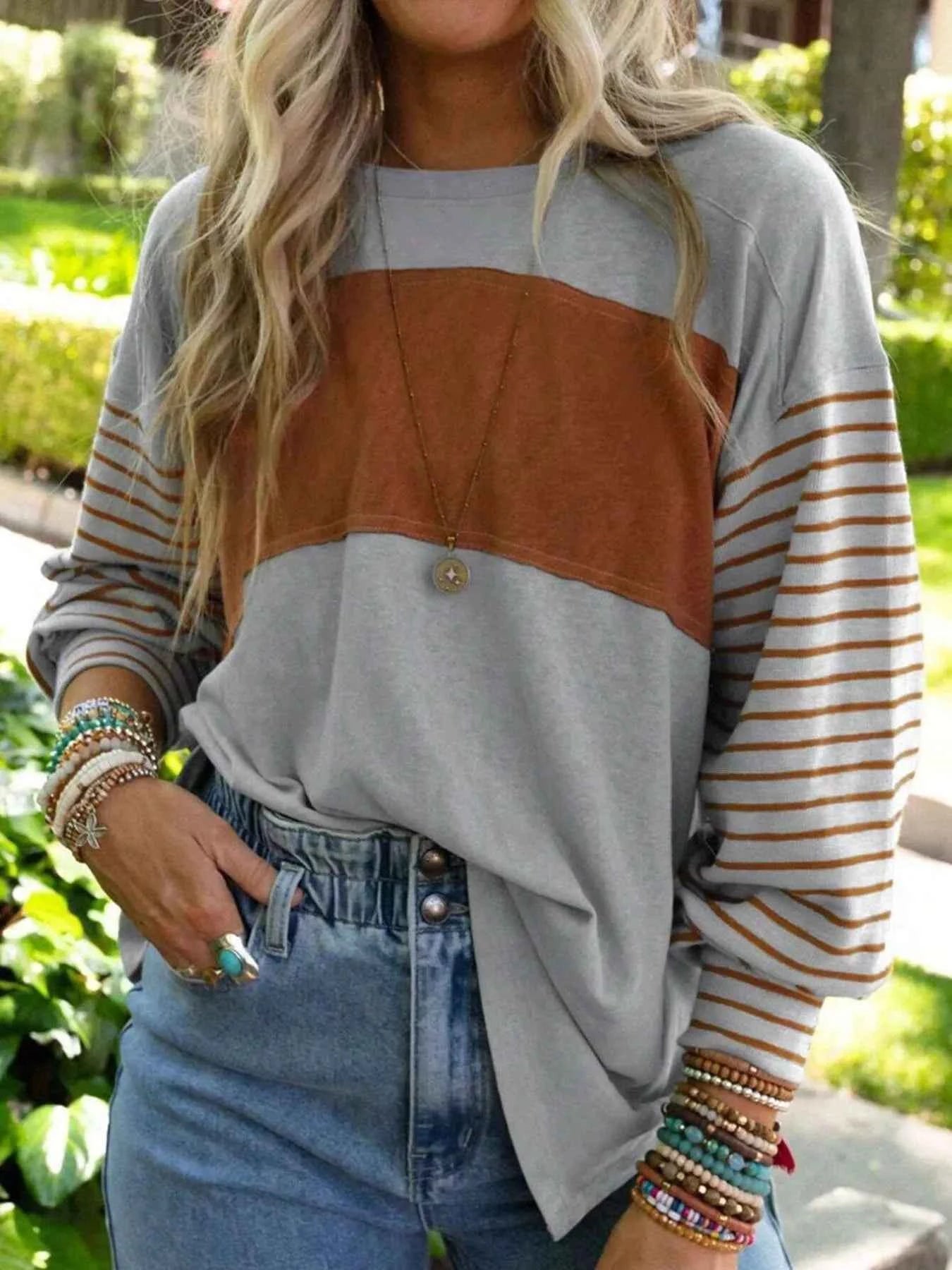Striped Color Block Long Sleeve T-Shirt Gray 1a7e302f-0881-46b5-a102-2b7804ec6db2-Max-Origin