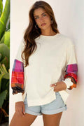 Plaid Patchwork Long Sleeve Exposed Seam Top Beige 1a7fa01e-e91a-460a-b792-bc94d973db15