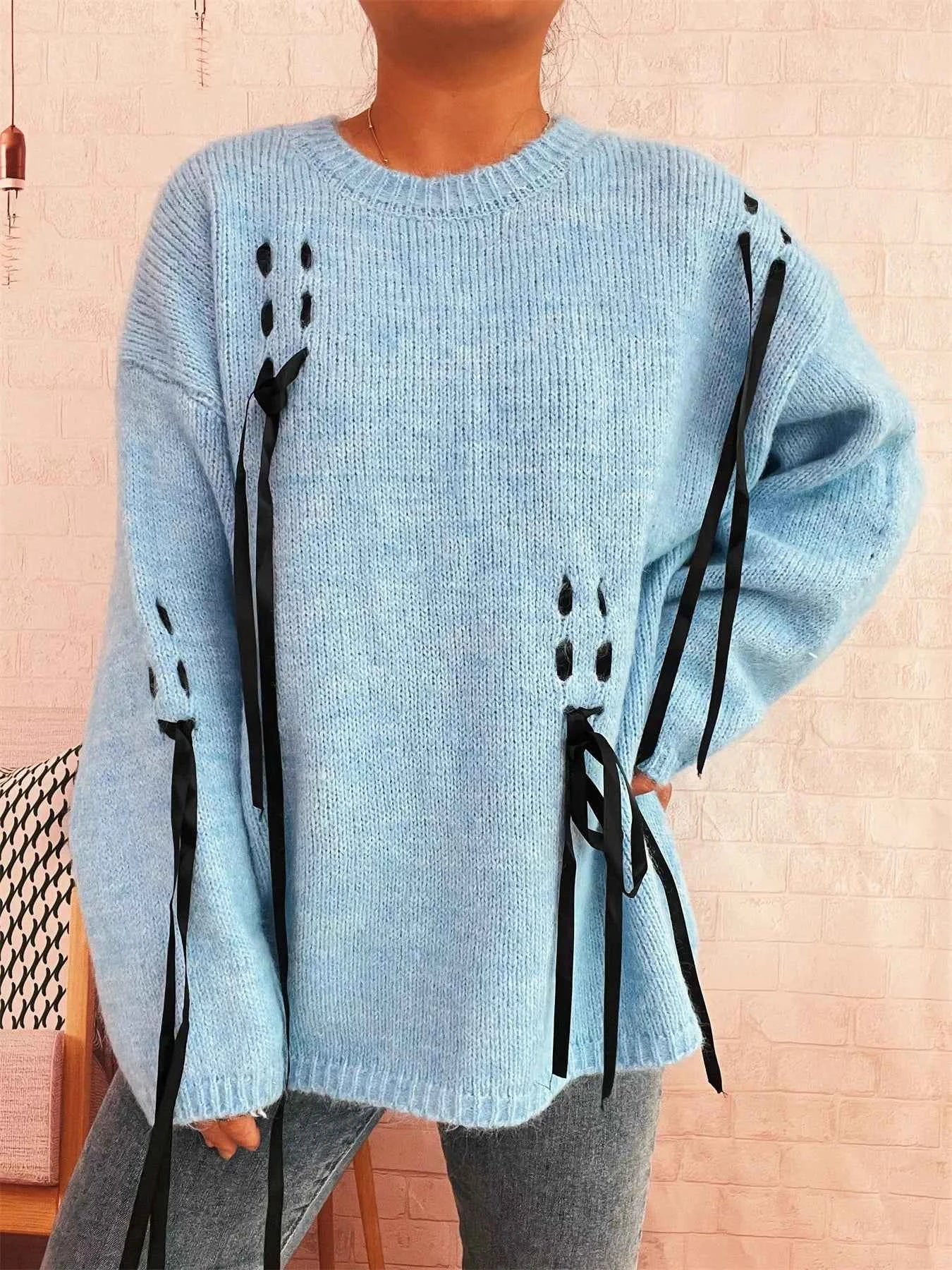 Round Neck Long Sleeve Sweater with Ribbon Details 1a81c0ea806144468402a2e108406bae-Max-Origin