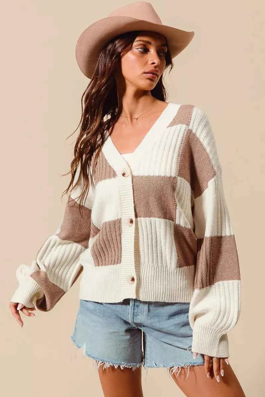 Checkered Button Front Ribbed Sweater Cardigan 1a85b6436ef04af2a501b20062ff7634-Max-Origin