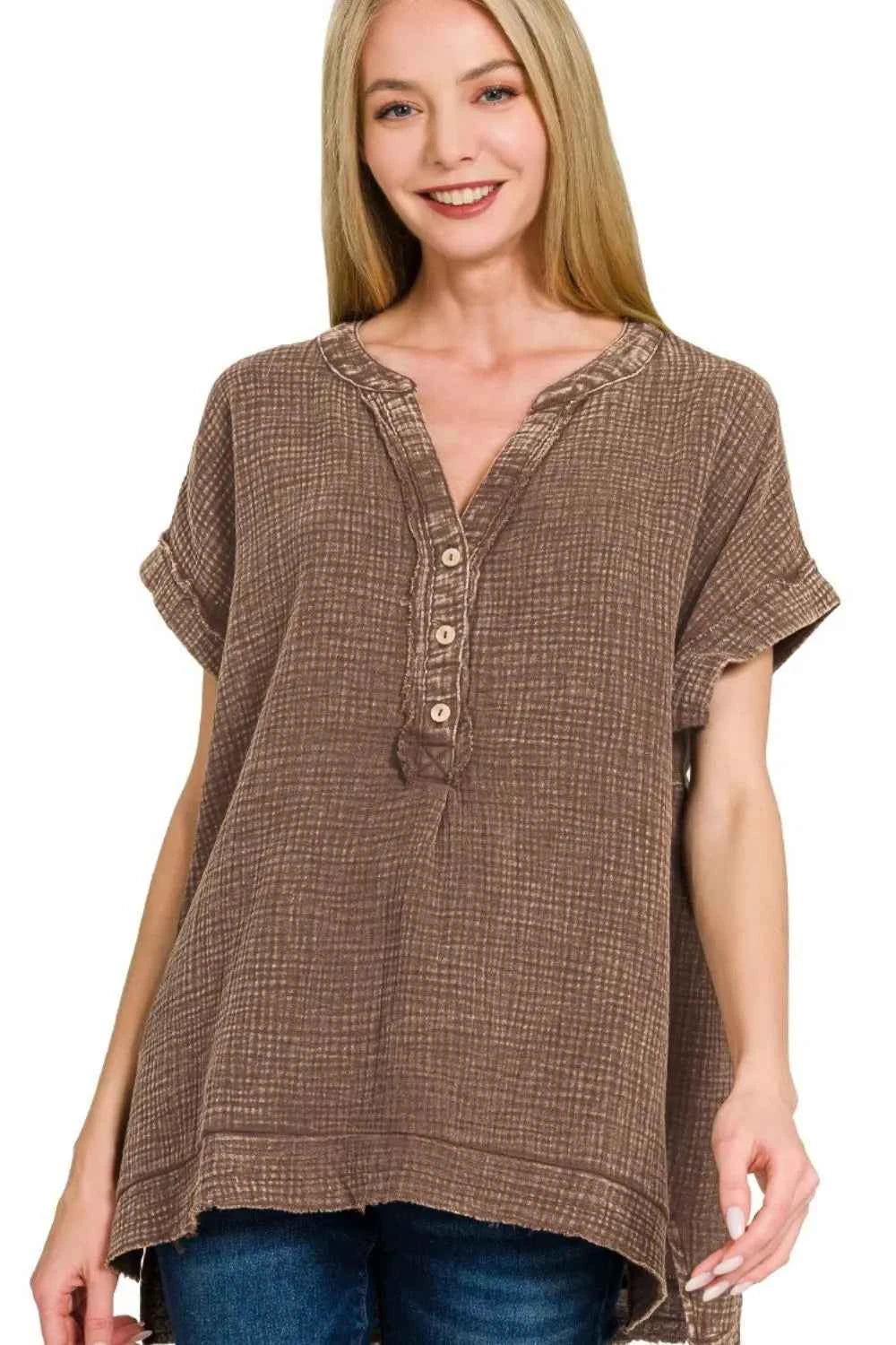 Washed Double Gauze 3/4 Button Henley Neck Shirt 1a875eef-d2bd-4e12-9295-fca5bb090368-Max-Origin