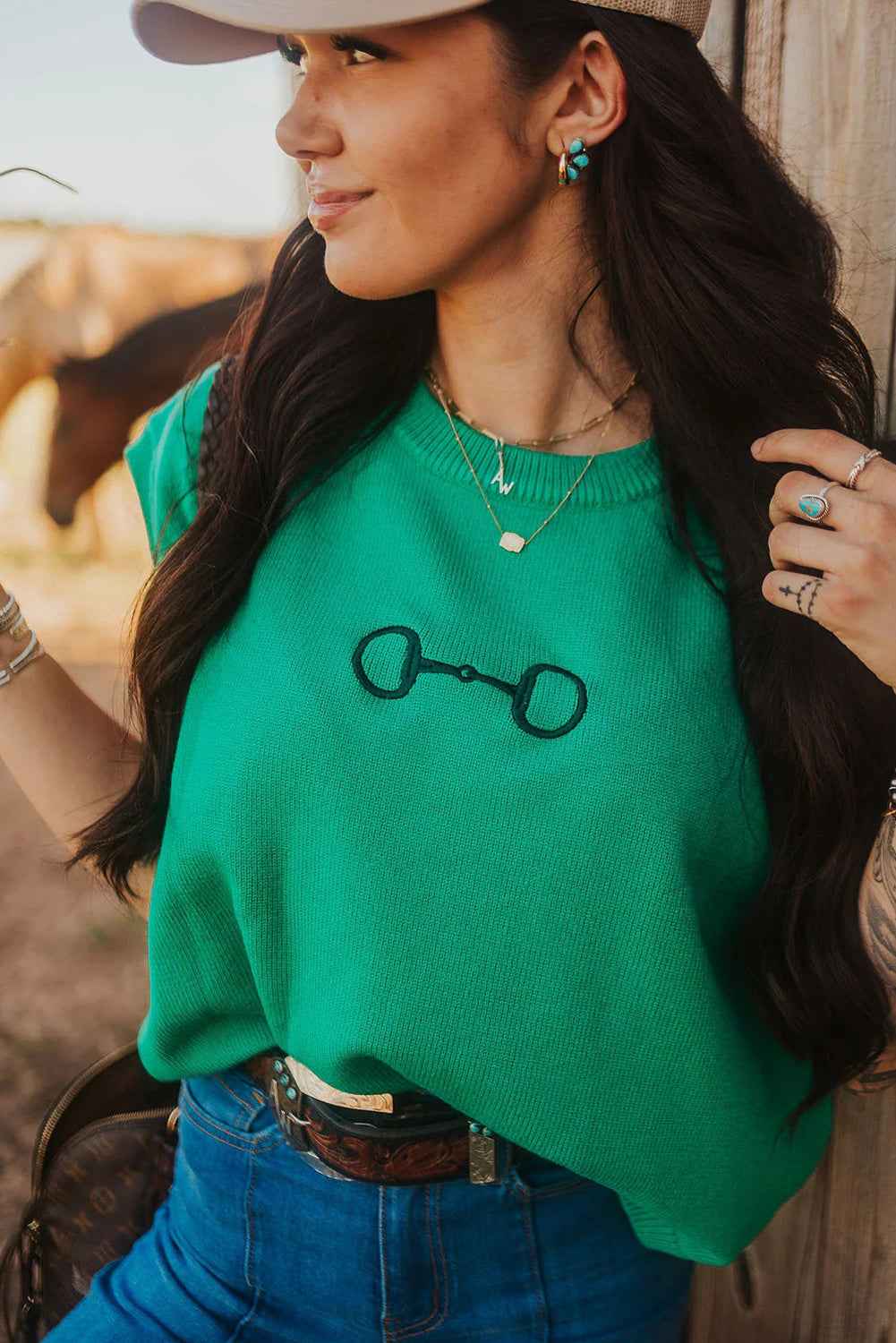 Bright Green Horse Bit Embroidered Short Sleeve Sweater 1a8ddb9f15fea7a9