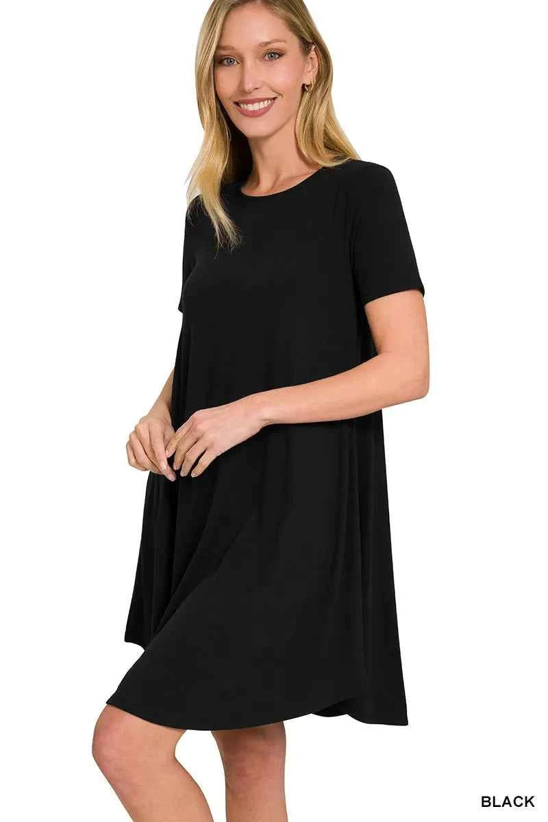 Zenana Short Sleeve Round Hem A-line Dress with Side Pockets 1a92fff78cc74647a24e935e7d1a32d5-Max-Origin