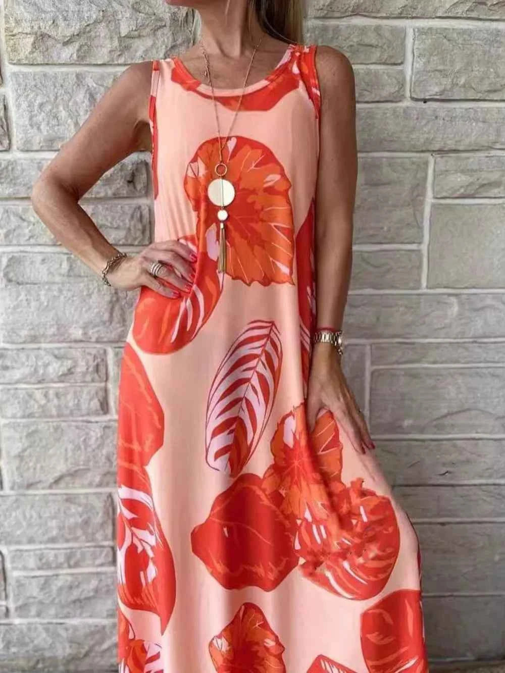 Printed Round Neck Mini Tank Dress Orange 1a944324-f4fc-4a82-95dc-27481817cf54-Max