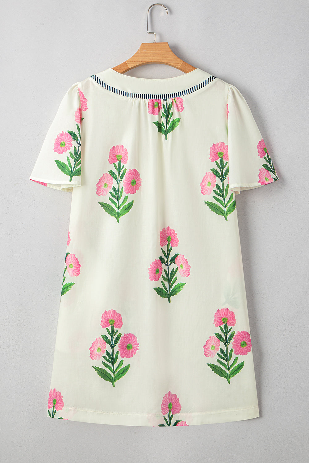 Blue Striped Trim Short Sleeve Split Neck Floral Mini Dress 1a9556eebdcfca63