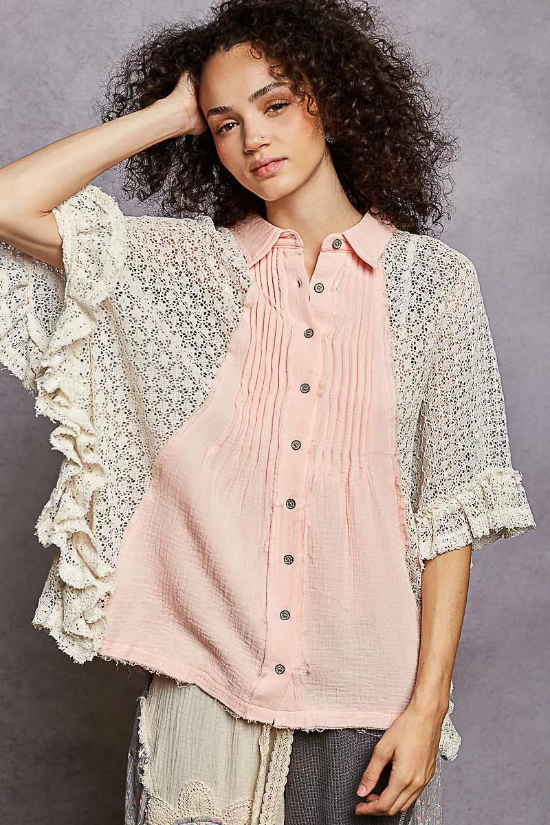 POL Button Down Front Pleated Shirt with Crochet Patch 1a97b5fa-316f-4fee-a5ea-409060855d21-Max-Origin