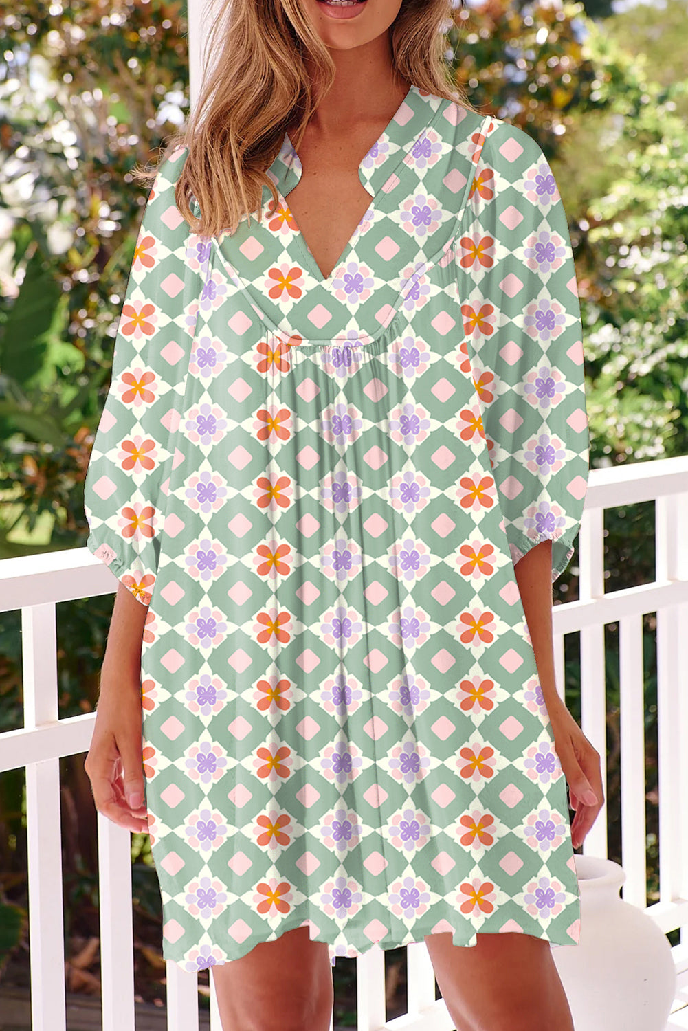 Green Geometric Floral Print 3/4 Sleeve Notched Neck Mini Dress Green 1a98194f02f932c4