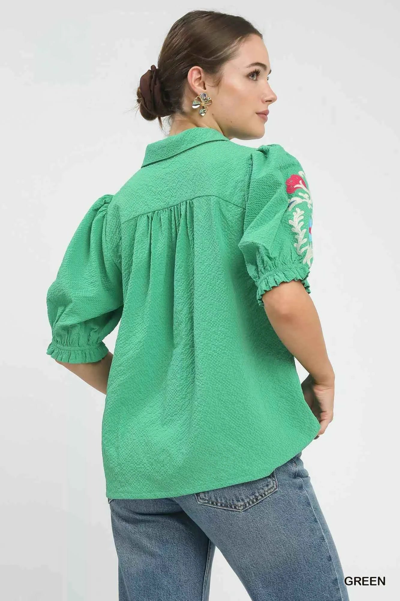 Umgee Seersucker Embroidered Sleeve Blouse 1a99c47f-4883-4a9a-be7f-4be18a4b4563-Max-Origin