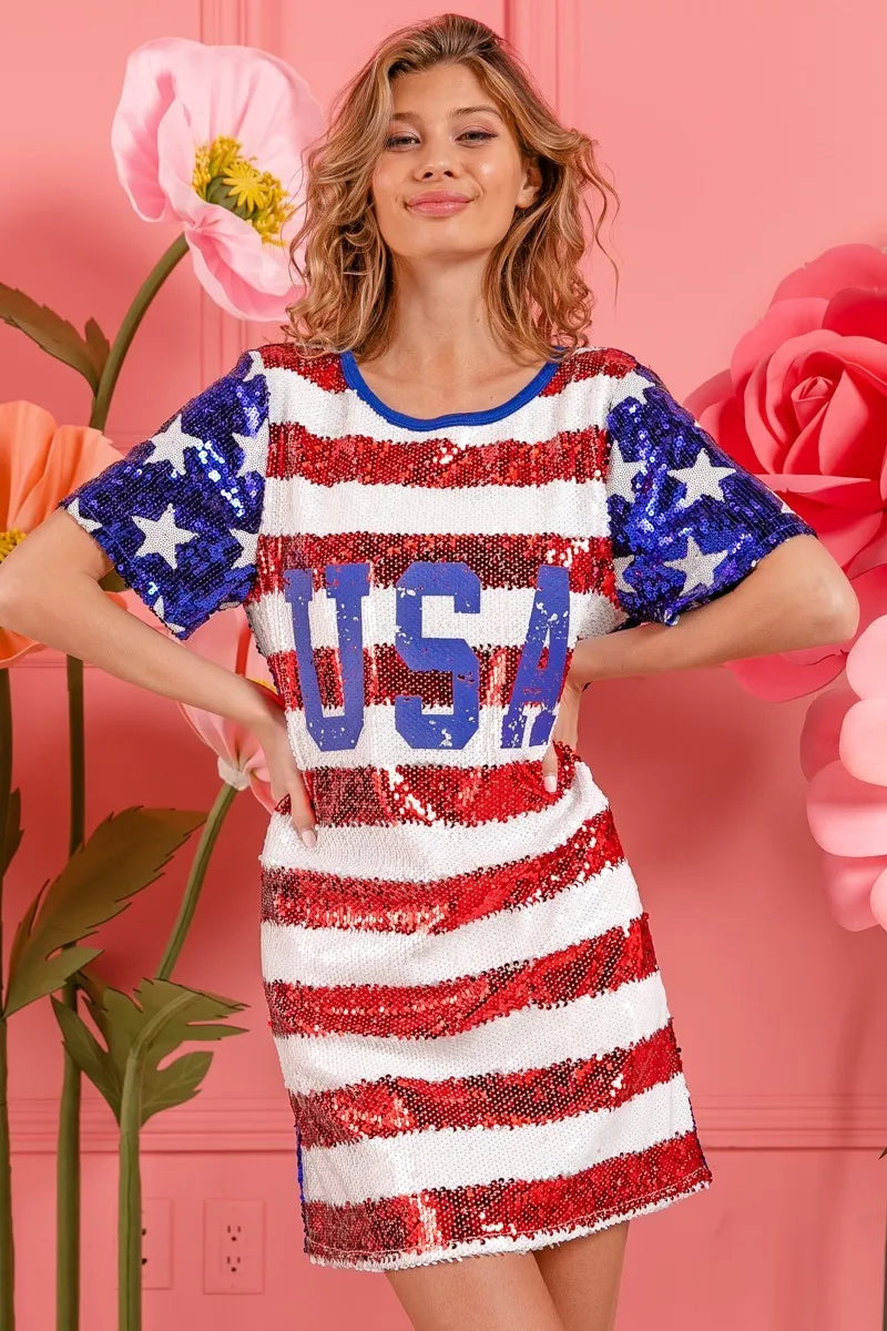 BiBi American Flag Theme Usa Print Sequin Dress 1a9a2fab71934c51a5097bebd1805874-Max-Origin