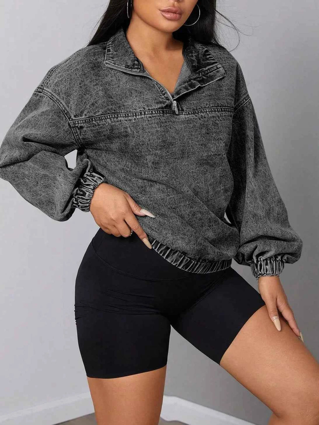 Elastic Hem Quarter Zip Denim Top 1a9ad9b6-a0b6-41f4-91ea-c91ccf25755d-Max-Origin