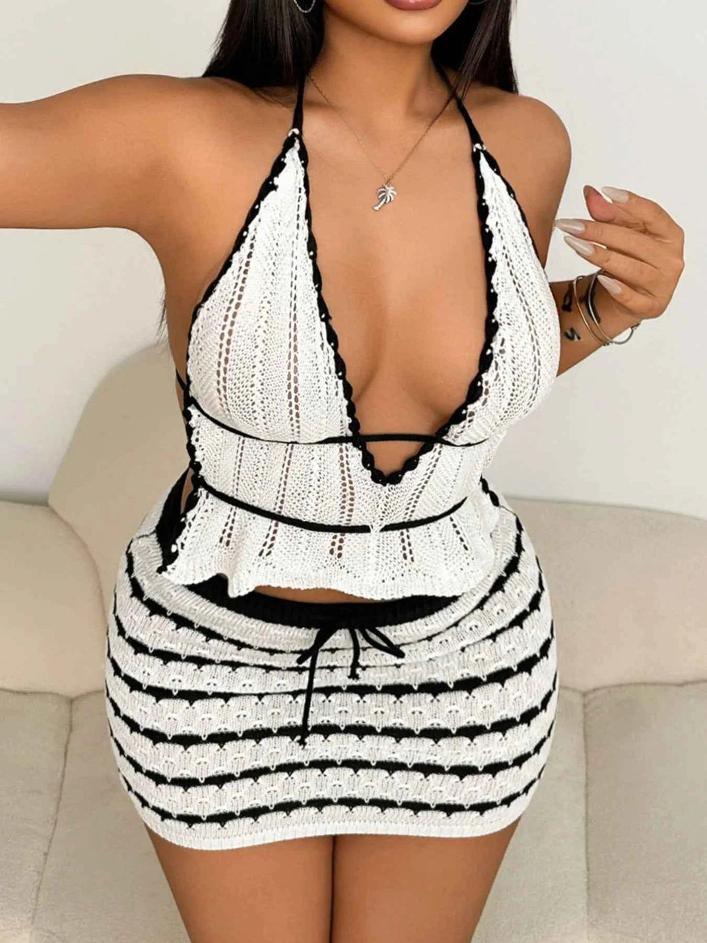 Openwork Halter Neck Cami and Skirt Sweater Set 1aa91703-61a2-4184-8f85-3876bdd7fd3d-Max-Origin