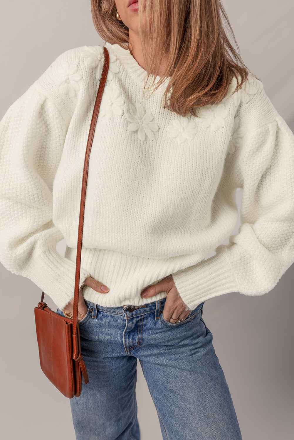 White Flower Detail Round Neck Contrast Textured Puff Sleeve Sweater White 65%Acrylic+35%Polyamide 1aac77b3fd0a0051