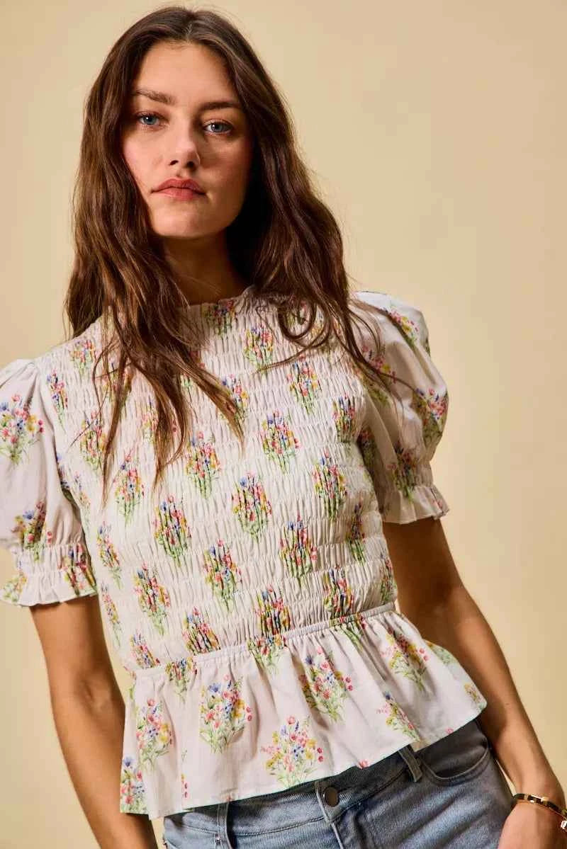 SO ME Floral Cotton Smocked Short Sleeves Blouse 1aaef3e3311f476495a8d5c669b631fe-Max-Origin