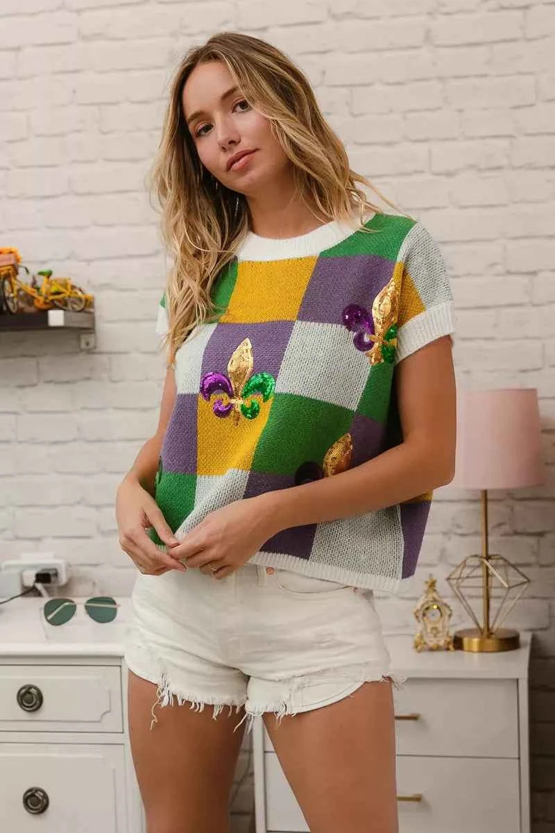 BiBi Sequin Embroidery Mardi Gras Checker Sweater Top 1aaf0e8dfc3445b0af5db89e616b1e79-Max-Origin