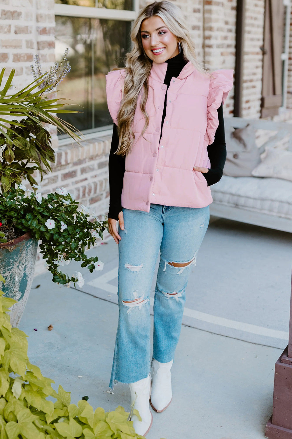 Pink Stand Neck Flutter Sleeve Snap Button Puffer Vest 1ab7a438d85337e4