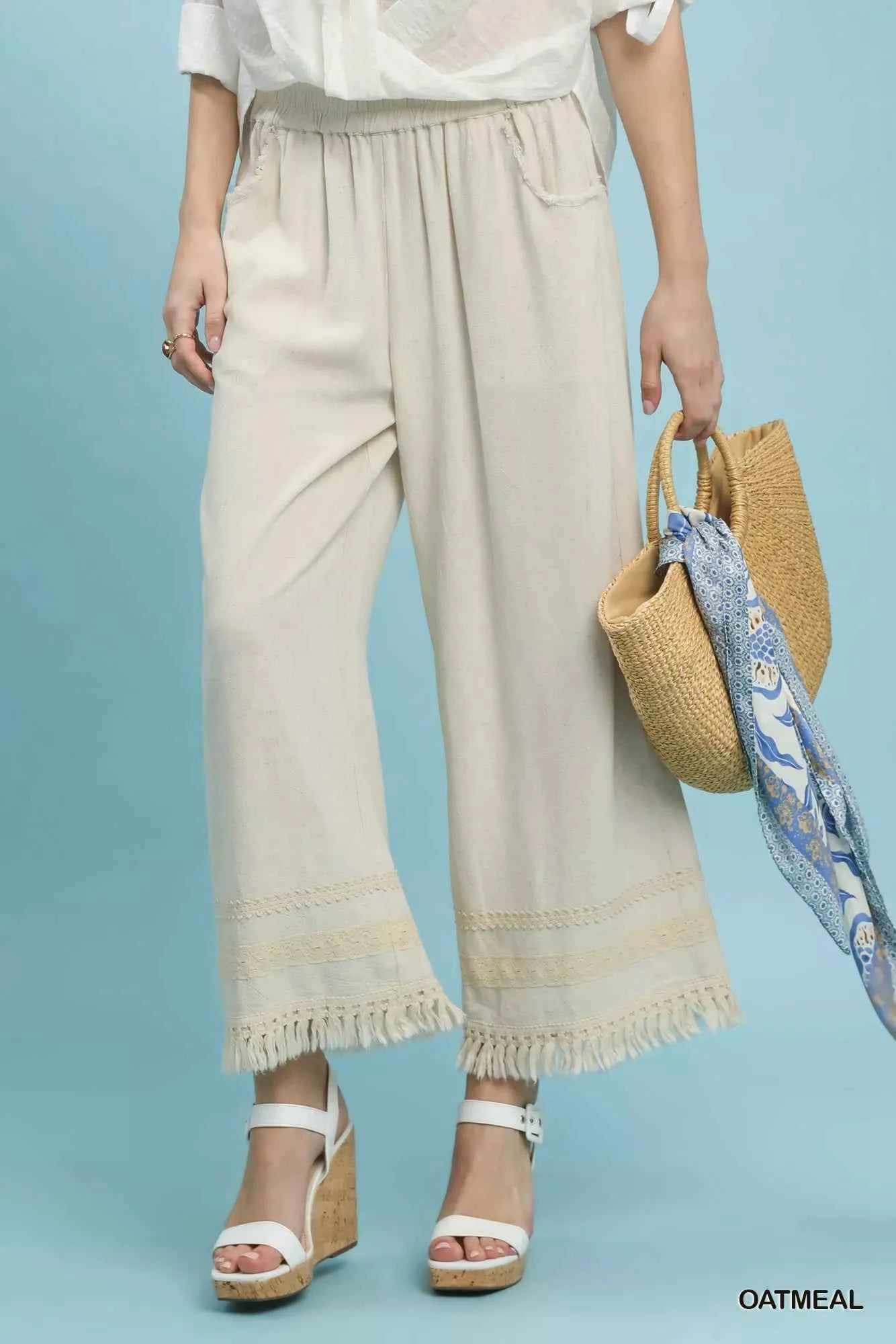 Umgee Lace Trim Fringe Hem Wide Leg Pants OATMEAL 1abcd9c6-bc57-4acb-8f9c-d676715b3e6a-Max-Origin