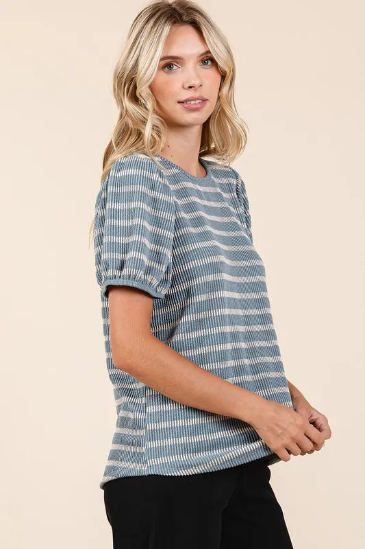 Contrast Striped Short Puff Sleeve Knit Top 1abeea14-670d-4089-bfe6-5354787eda94-Max