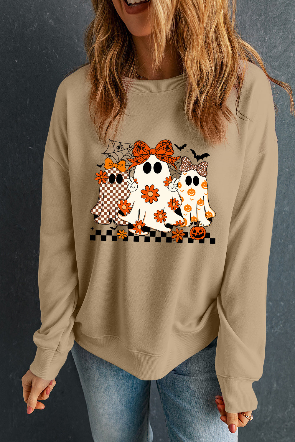 Khaki Cute Halloween Ghost Heat Transfer Printing Graphic Baggy Sweatshirt 1ac1075c60fed5db