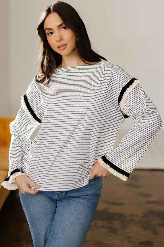 Stripe Contrast Ruffle Trim Long Sleeve Top 1ac41d92-7e8f-4b83-a00d-7dc8600f3150