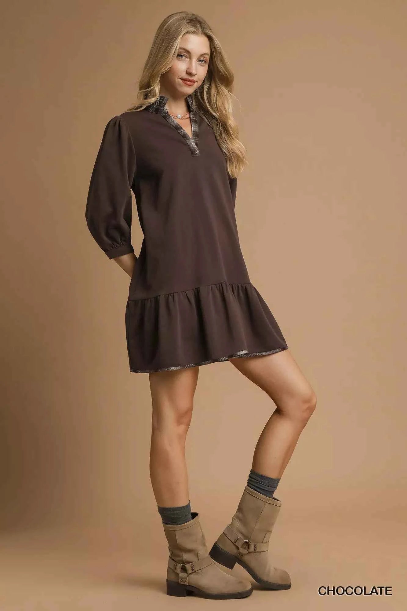 Umgee French Terry Ruffle Hem Dress with Plaid Trim 1ac4c15c-2483-4354-bdc0-b78848c9b4db-Max-Origin