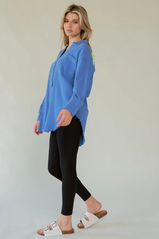 Davi & Dani Letter Back Raw Hem Half Button Shirt 1ac81ff9-11ca-4ece-b1f0-d116de496310-Max