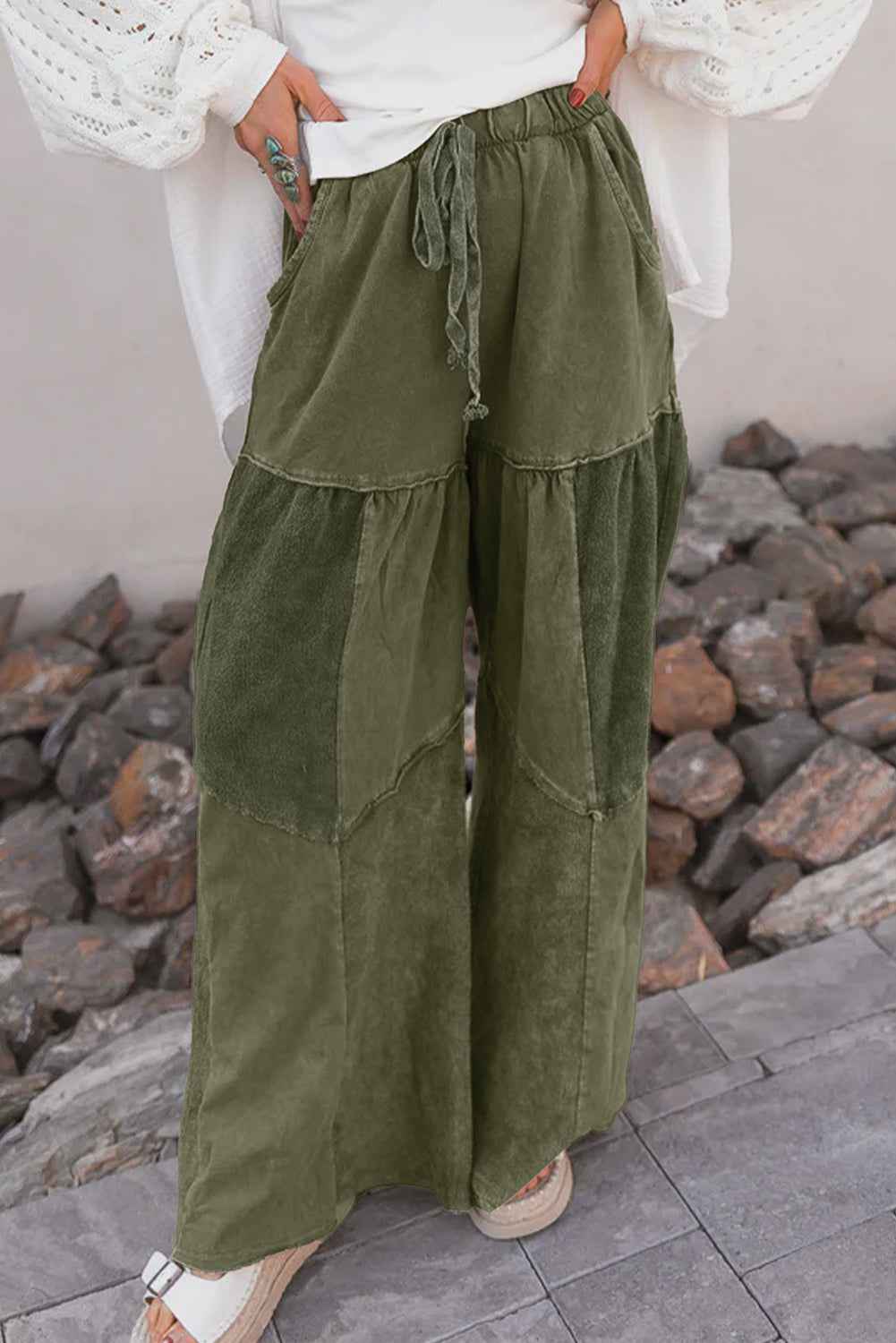 Ashleigh Blue Careys Mineral Wash Tiered Wide Leg Patchwork Drawstring Pants Vineyard Green 85%Cotton+15%Polyester 1aca1b9b00640ae5