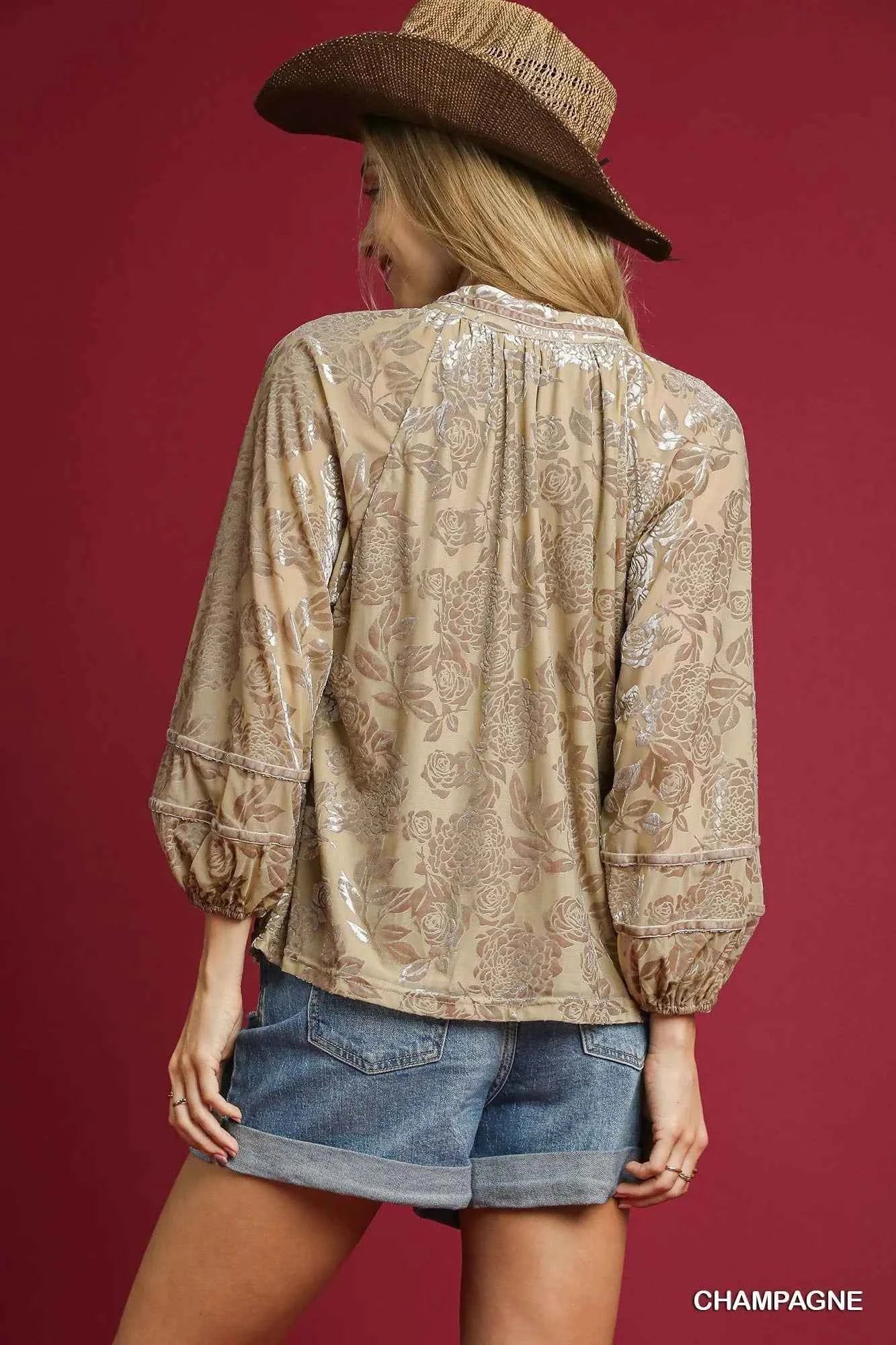 Umgee Floral Velvet Blouse with Balloon Sleeves 1acb9451-5c71-4ae0-9f45-349812e08d72-Max-Origin