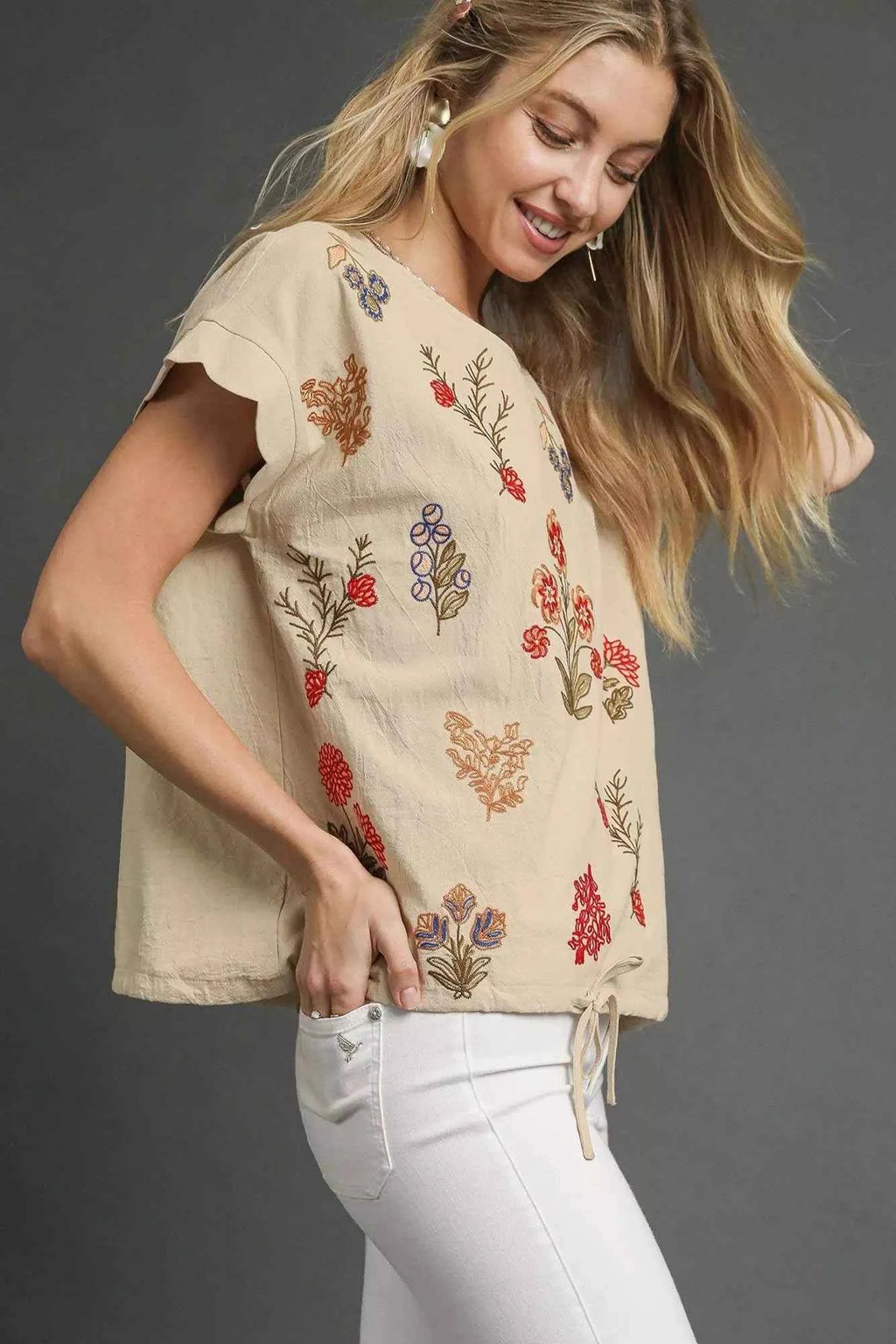 Umgee Embroidered Scallop Sleeve Top with Drawstring Hem 1acdb128-6f3b-4923-aef0-d362a590786a-Max-Origin