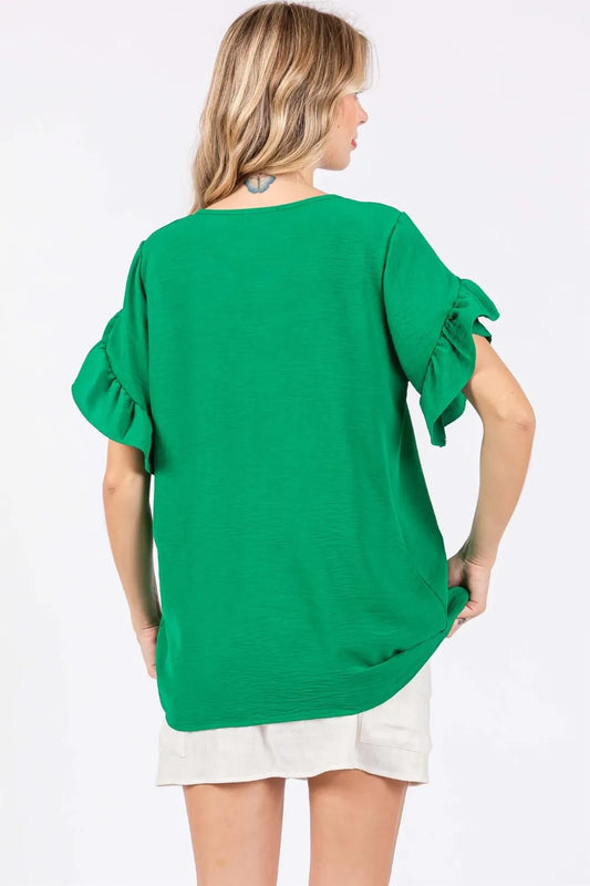 GeeGee Ruffled Short Sleeve V-Neck Blouse 1acf3e21-0055-4d0e-b965-2c3cba61880c-Max